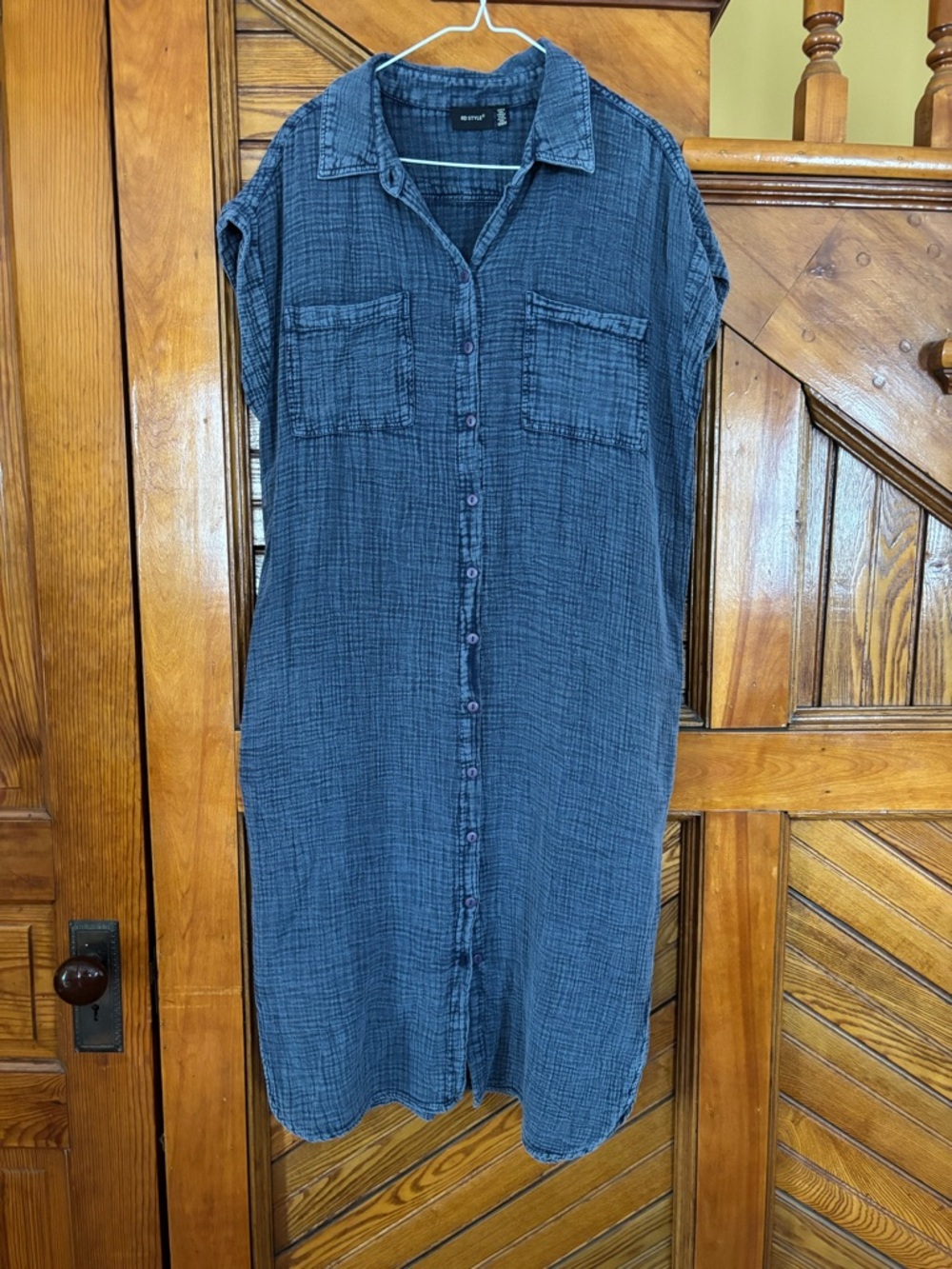 RD Style Navy Button-Front Midi Shirt Dress